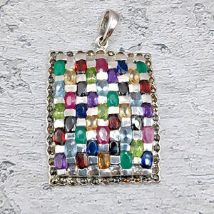 Sterling Silver Mosaic Cluster Pendant Multi Gemstones Southwestern